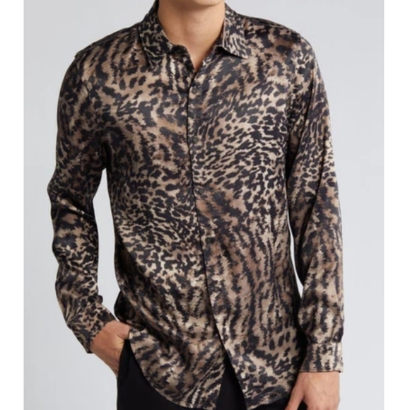 OPEN EDIT NWT Animal Print Satin Button up in Brown Seal Cheetah Size L - Picture 3 of 9